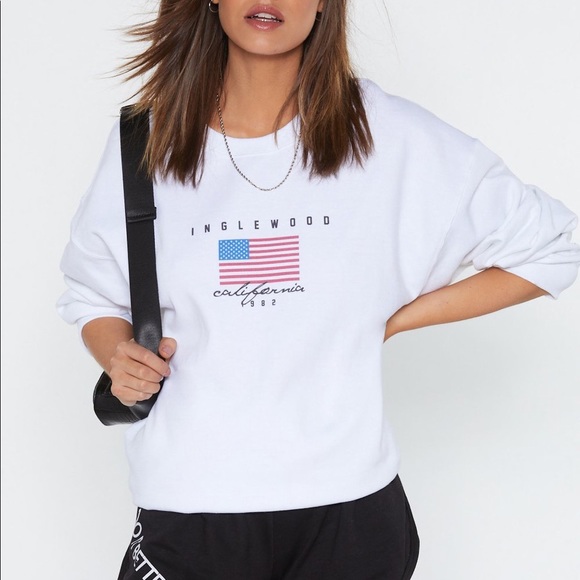Nasty Gal Tops - Nasty Gal Hotel California White Relaxed Oversized Flag Inglewood Sweatshirt L